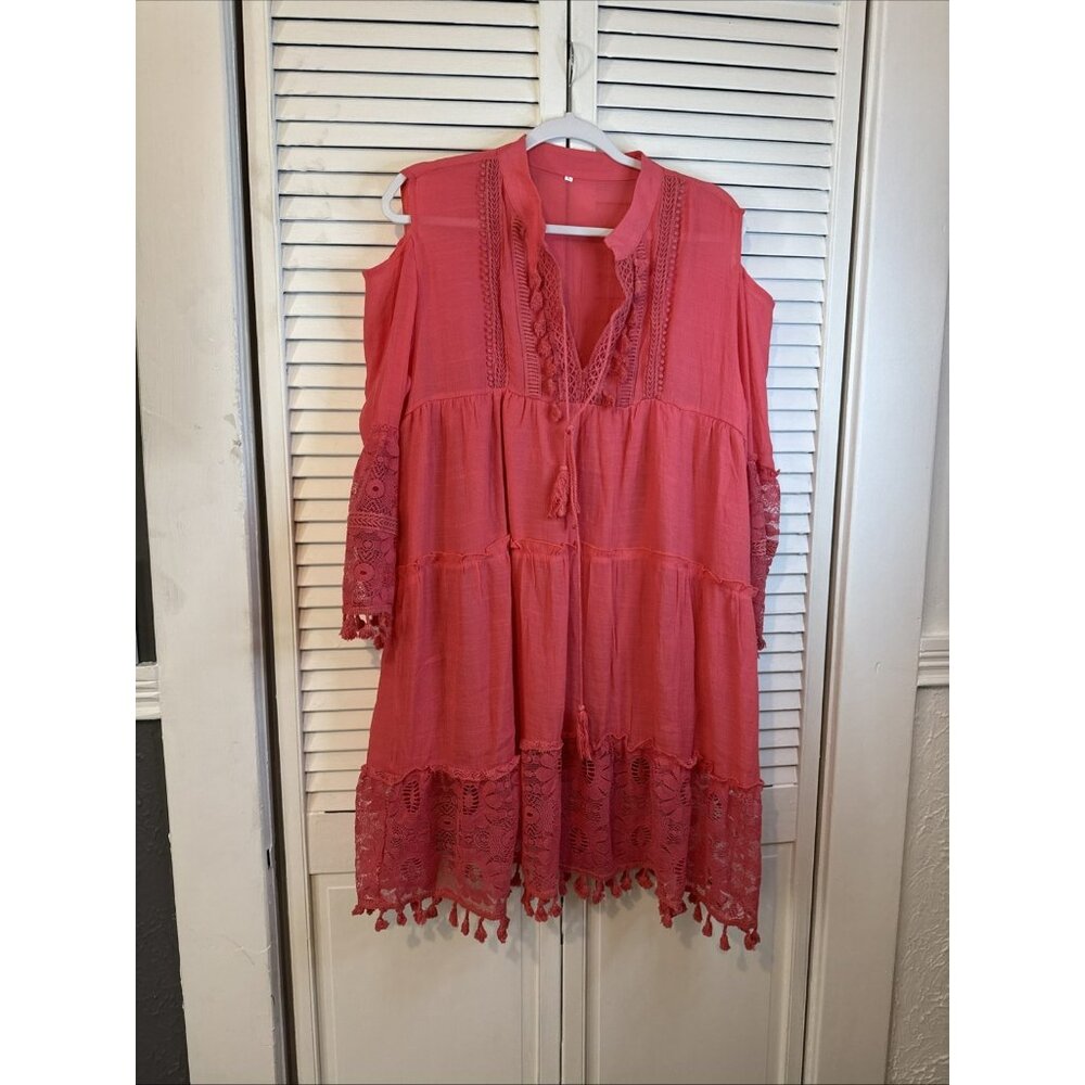 Orange V-Neck Lace Sleeve Summer Cold cold shoulders  Dress Boho Sz 14L